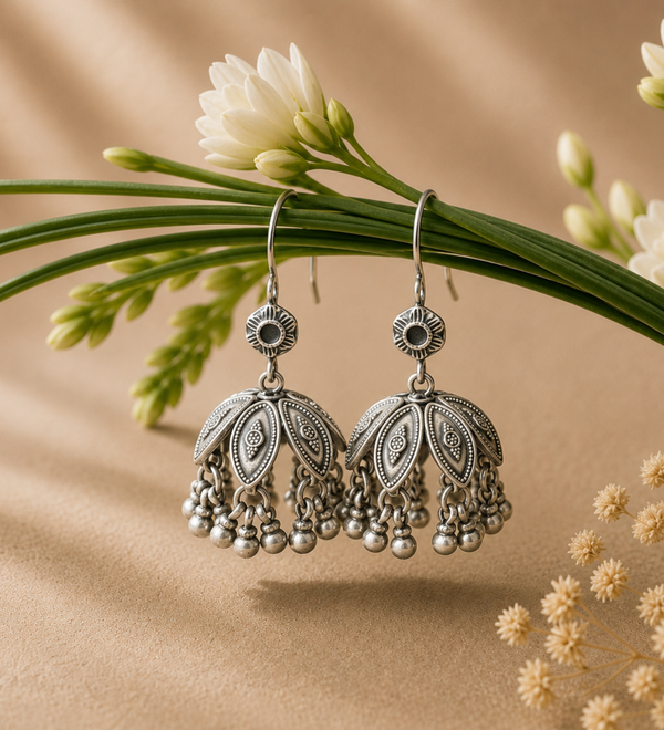 Sterling Silver Floral Ghungroo Dangle Earrings