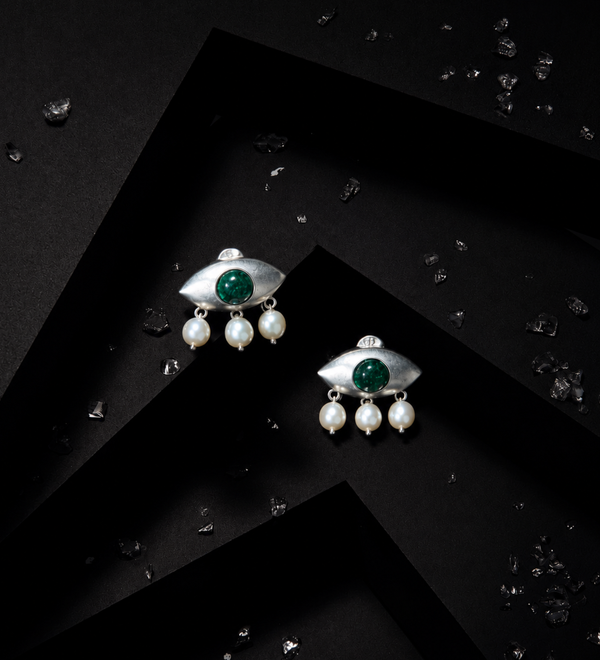 Sterling Silver Green Onyx Evil Eye Earrings