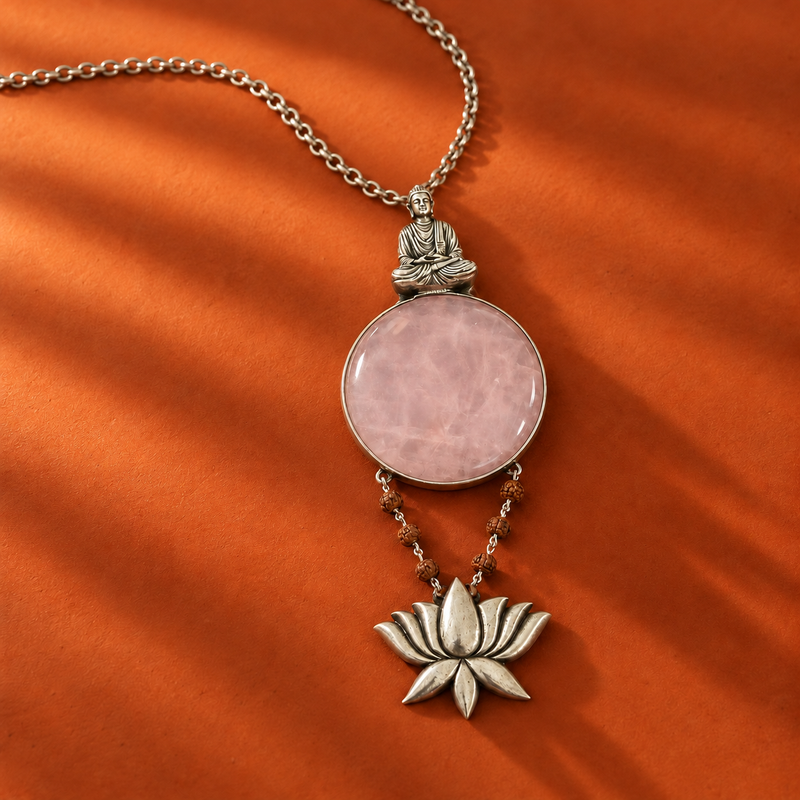 Sterling Silver Rose Quartz Buddha Lotus Pendant