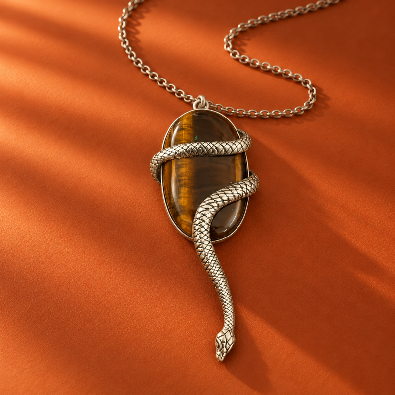 Sterling Silver Guardian Serpent Tiger Eye Pendant