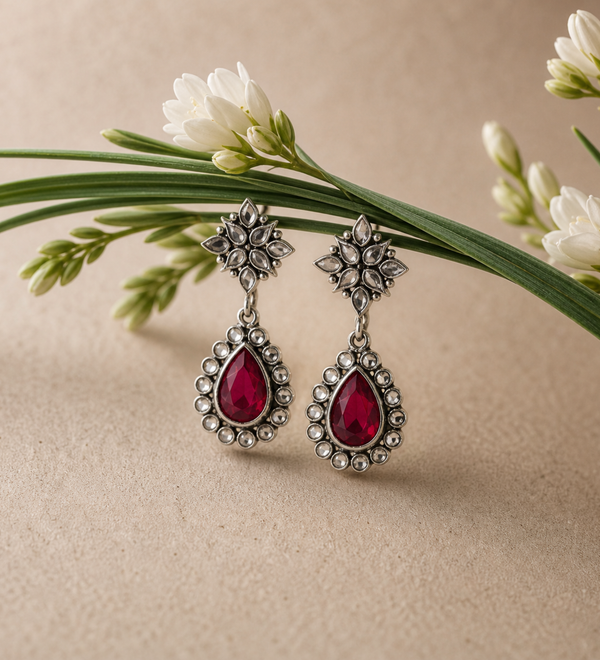 Sterling Silver Glamour Drop Earrings - Ruby Red