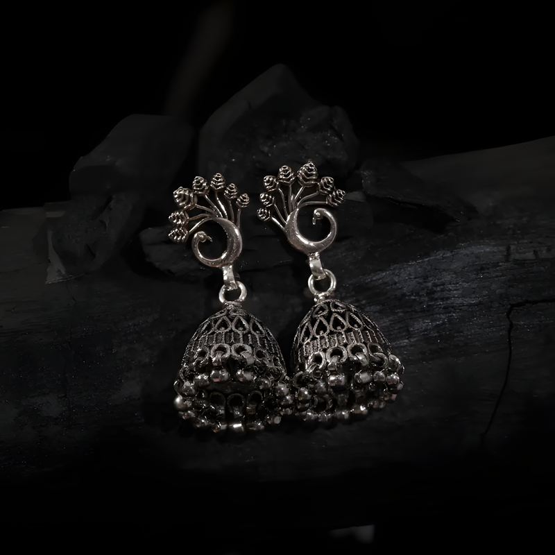 Sterling Silver Peacock Plumage Grandeur Designer Jhumka