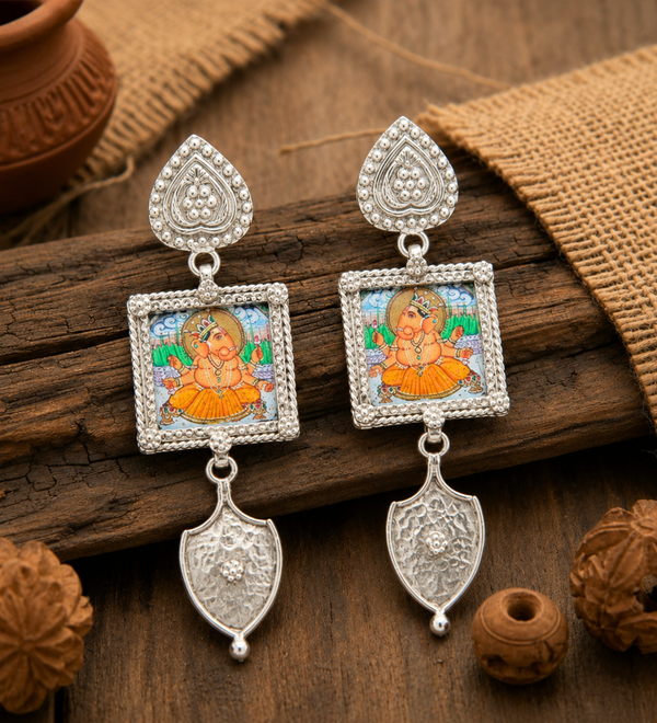Sterling Silver Square Ganesh Temple Charm Earrings