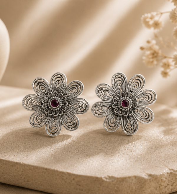 Sterling Silver Spiral Flower Designer Earrings