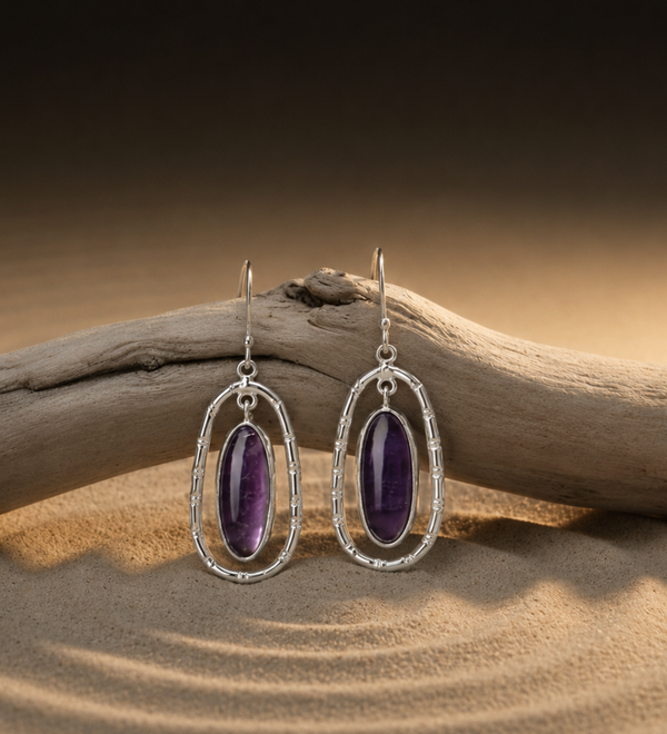 Sterling Silver Amethyst Oval shaped Drop Designer Earring