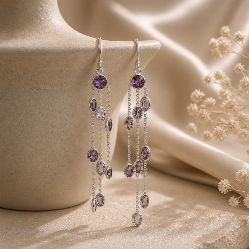 Sterling Silver Amethyst three strings Dangle Earring - Purple