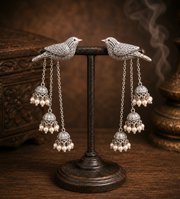 Sterling Silver Bird Jhumka Cascade Earrings