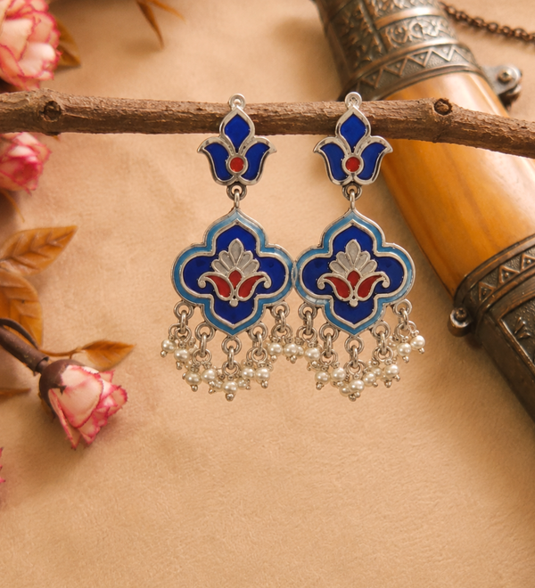 Sterling Silver Blue Meenakari Mughal Earrings