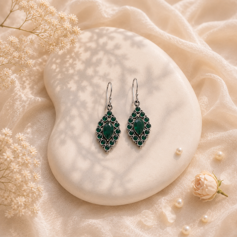 Sterling Silver Crimson Elegance Drops Earring - Emerald Green