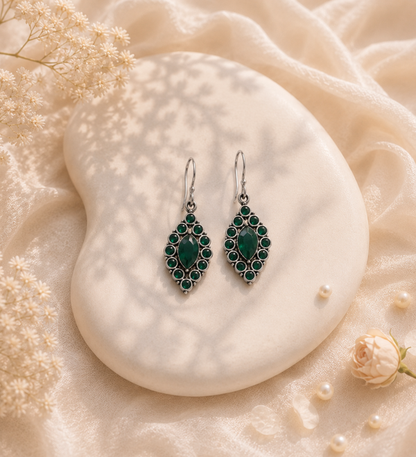 Sterling Silver Crimson Elegance Drops Earring - Emerald Green