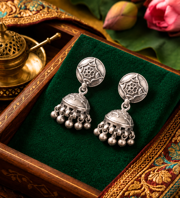 Sterling Silver Ghungroo Dome Jhumka Earrings