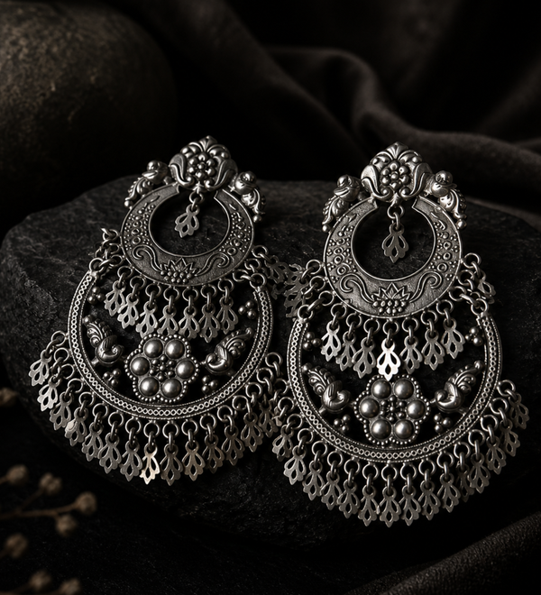 Sterling Silver Heritage Anarkali Rani Style Earring with Self Antique Design