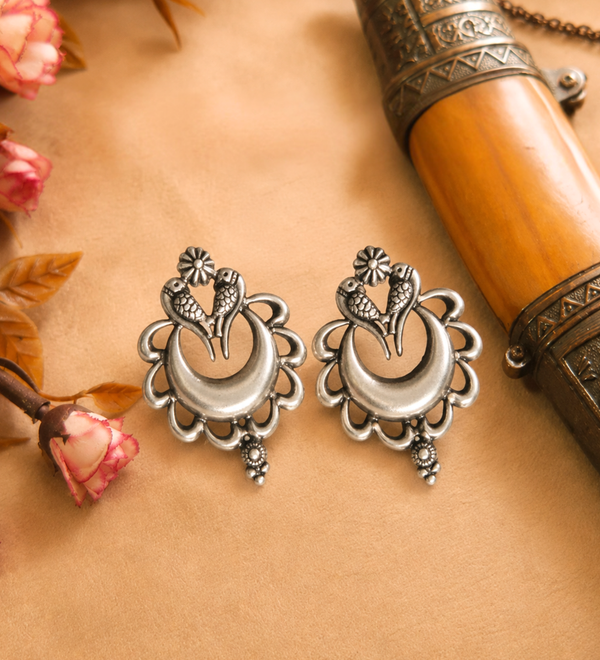 Sterling Silver Kissing Birds Crescent Stud Earrings