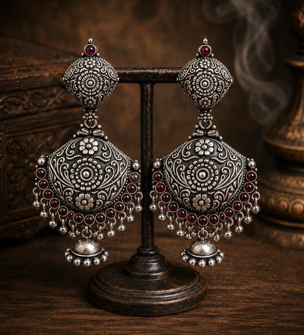 Sterling Silver Maharani Antique Ruby Jhumka Earrings