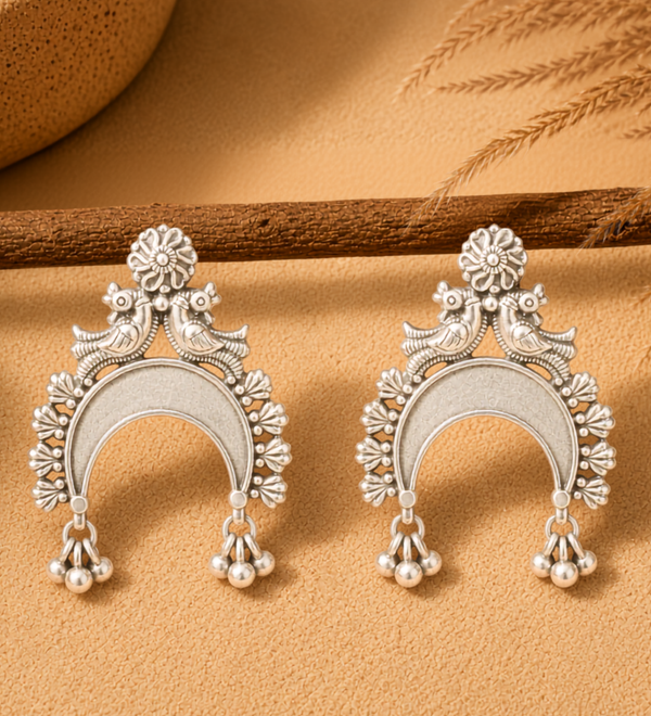 Sterling Silver Peacock Crescent Earrings