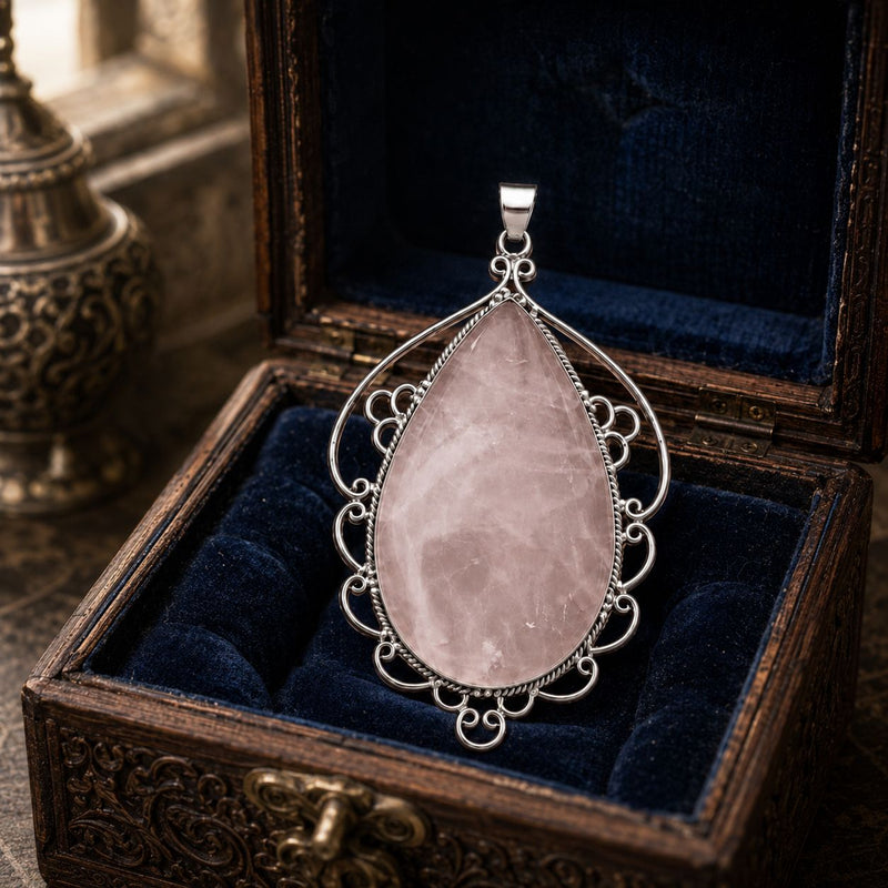 Sterling Silver Rose Quartz Scrollwork Pendant