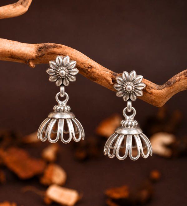 Sterling Silver Sunflower Cage Jhumka Earrings