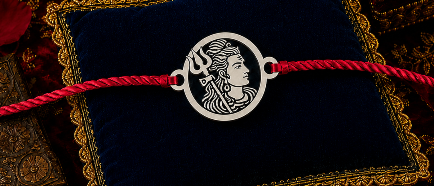 Sterling Silver Shiva Trishul Rakhi close-up on maroon silk, styled for Raksha Bandhan gifting