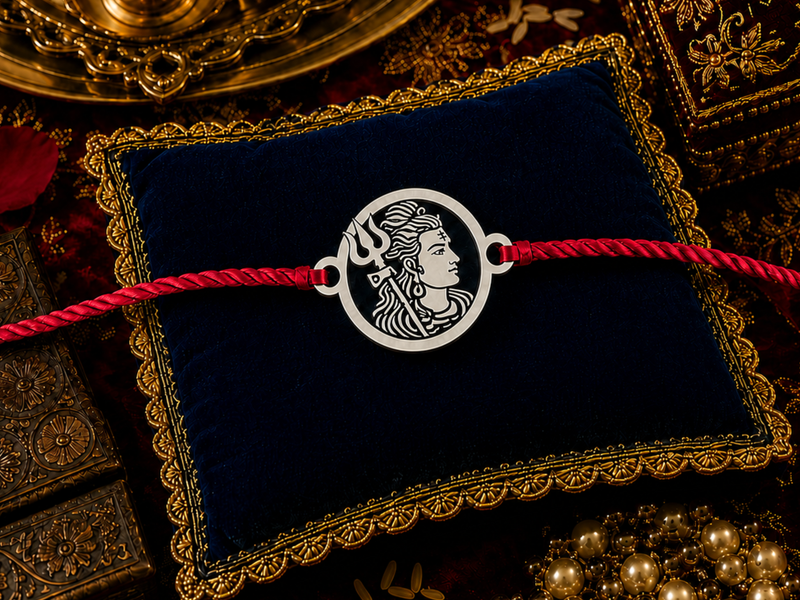 Sterling Silver Shiva Trishul Rakhi close-up on maroon silk, styled for Raksha Bandhan gifting