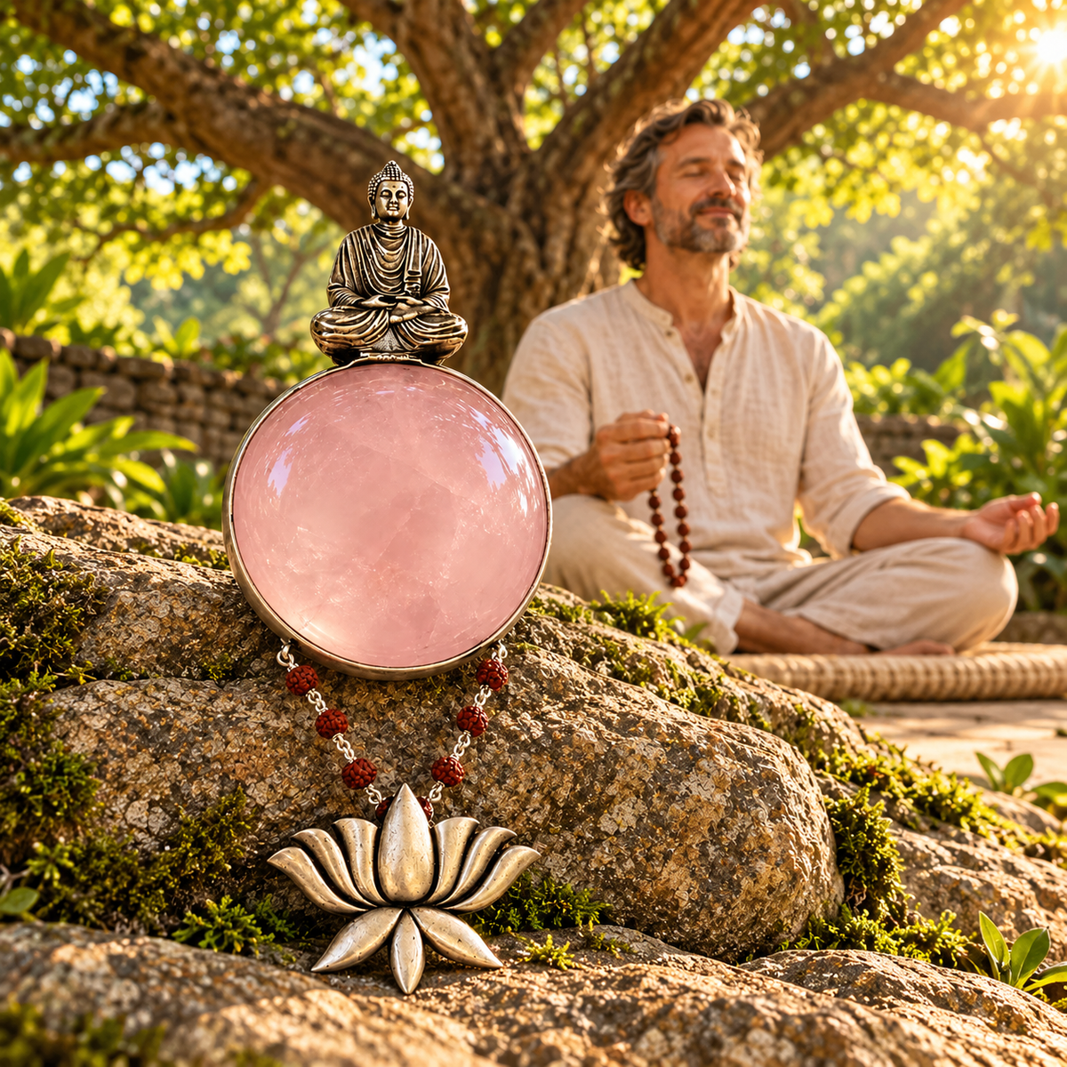 Sterling Silver Rose Quartz Buddha Lotus Pendant