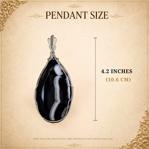 Sterling Silver Twilight Black Banded Graphite Grace Stunning Handwork Pendant, Black Banded Agate