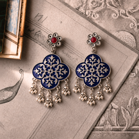 Sterling Silver Blue Meenakari Earrings