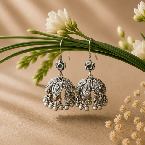 Sterling Silver Floral Ghungroo Dangle Earrings