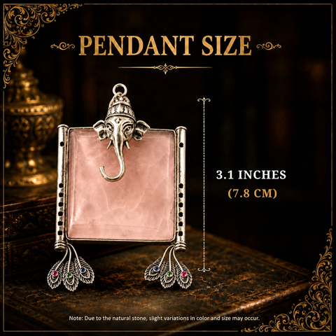 Sterling Silver Ganesh Feather Rose Quartz Pendant