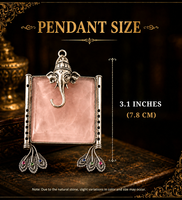 Sterling Silver Ganesh Feather Rose Quartz Pendant