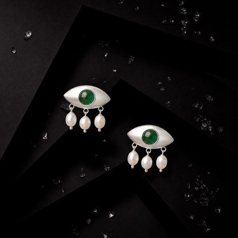 Sterling Silver Green Onyx Evil Eye Earrings