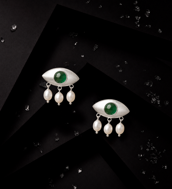 Sterling Silver Green Onyx Evil Eye Earrings