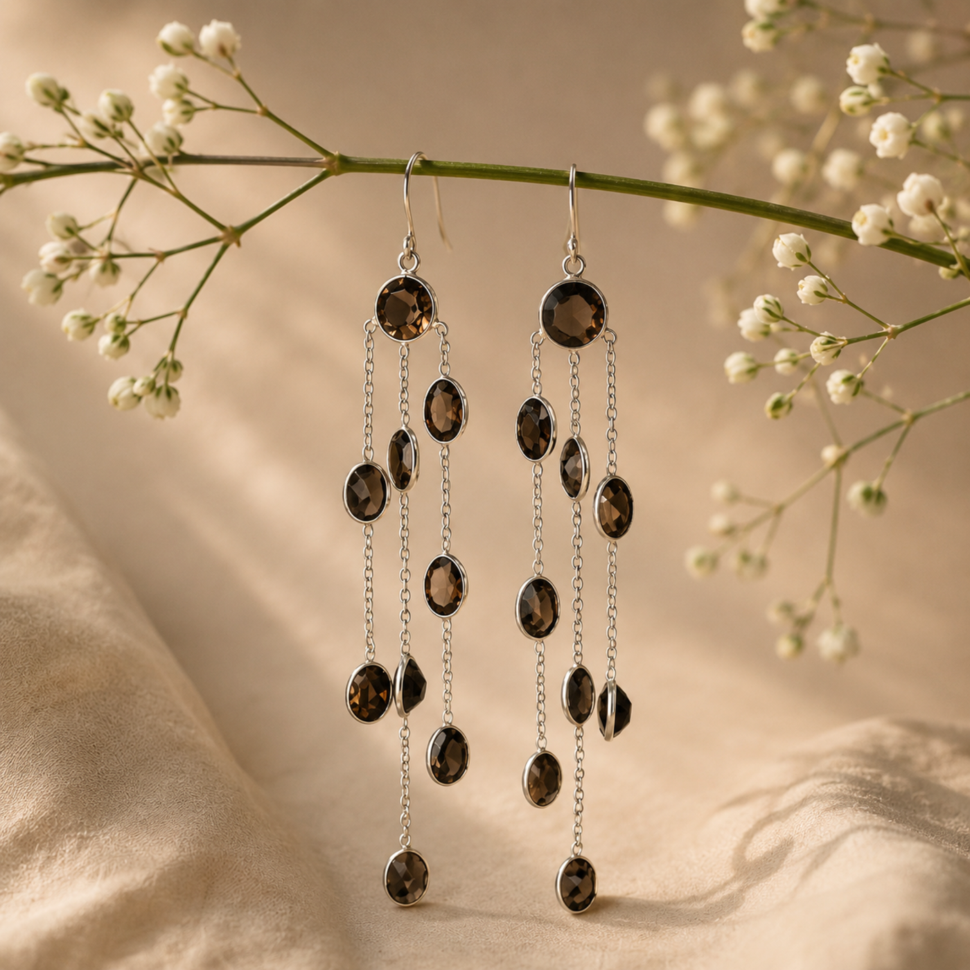 Sterling Silver Amethyst three strings Dangle Earring - Dark Brown