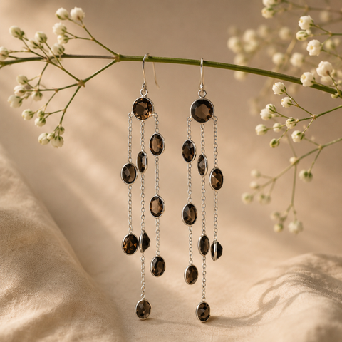 Sterling Silver Amethyst three strings Dangle Earring - Dark Brown