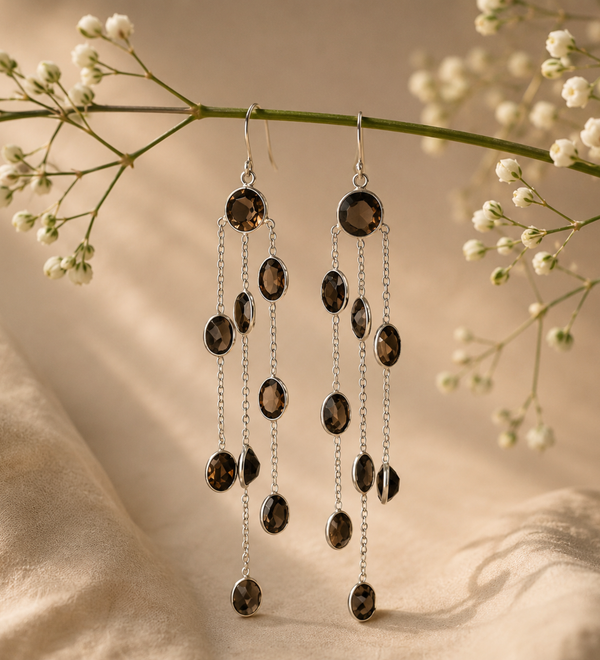 Sterling Silver Amethyst three strings Dangle Earring - Dark Brown