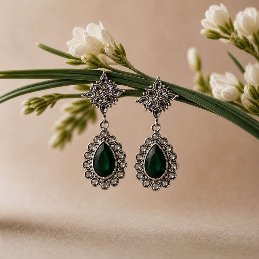 Sterling Silver Glamour Drop Earrings - Emerald Green