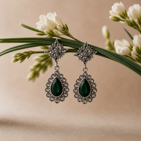 Sterling Silver Glamour Drop Earrings - Emerald Green