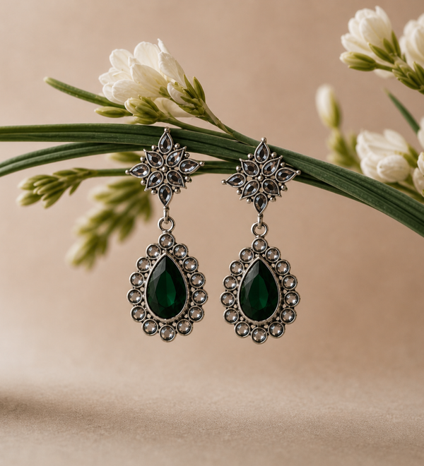 Sterling Silver Glamour Drop Earrings - Emerald Green
