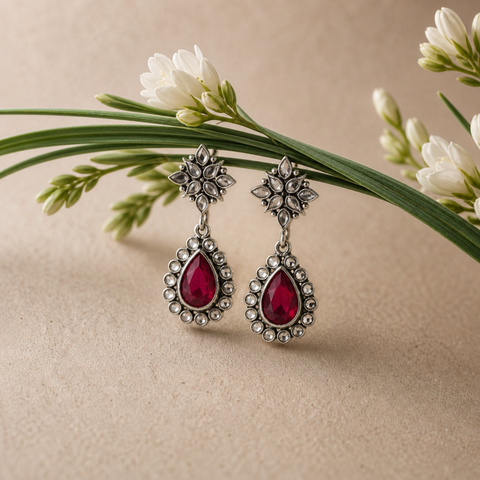 Sterling Silver Glamour Drop Earrings - Ruby Red