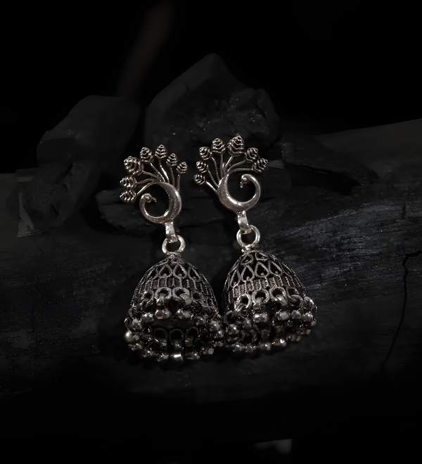 Sterling Silver Peacock Plumage Grandeur Designer Jhumka