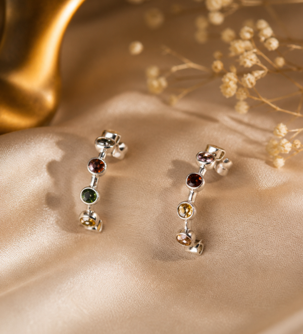 Sterling Silver Rainbow Gem Bali Earrings