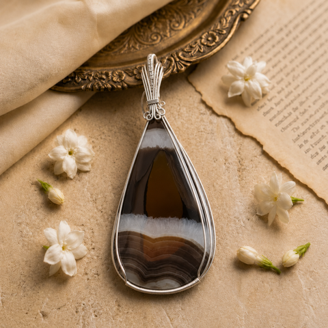 Sterling Silver Raven's Embrace Banded Agate Pendant