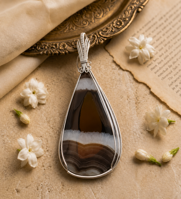 Sterling Silver Raven's Embrace Banded Agate Stylish Pendant