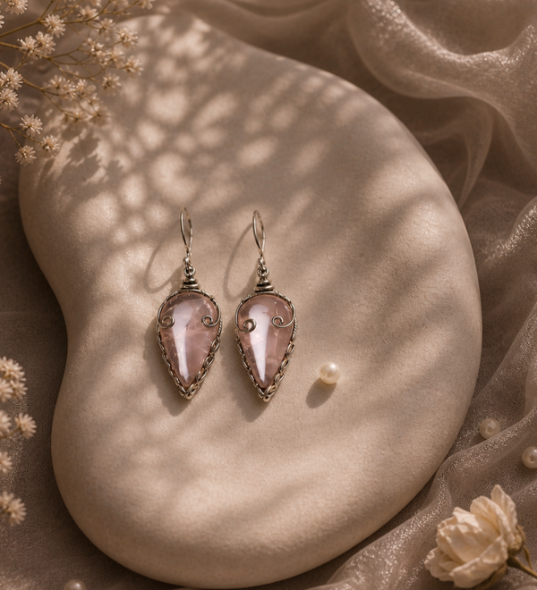 Sterling Silver Rose Quartz Designer Party Earrings