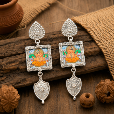 Sterling Silver Square Ganesh Temple Charm Earrings