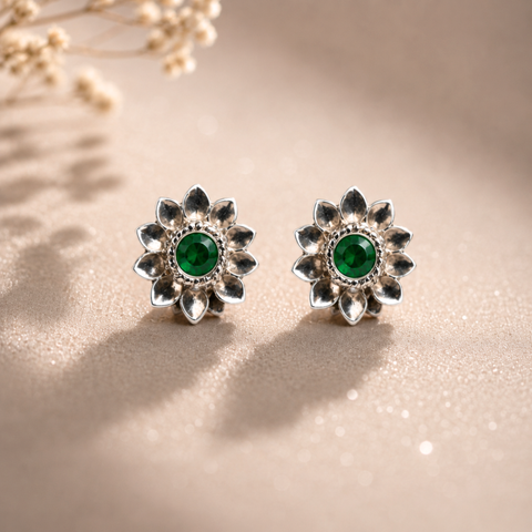Sterling Silver Emerald Sunburst Jewel Earring