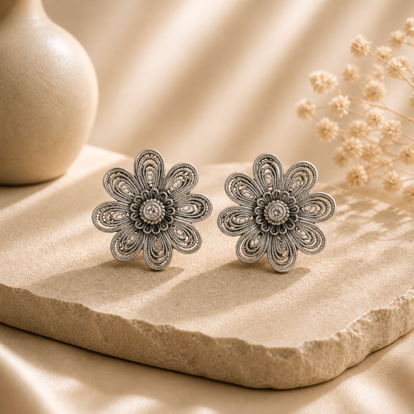 Sterling Silver Spiral Flower Designer Earrings