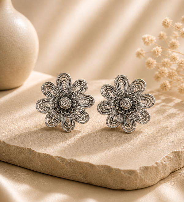 Sterling Silver Spiral Flower Designer Earrings