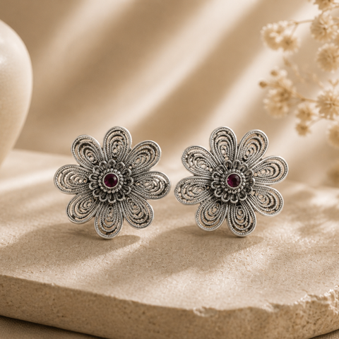 Sterling Silver Spiral Flower Designer Earrings