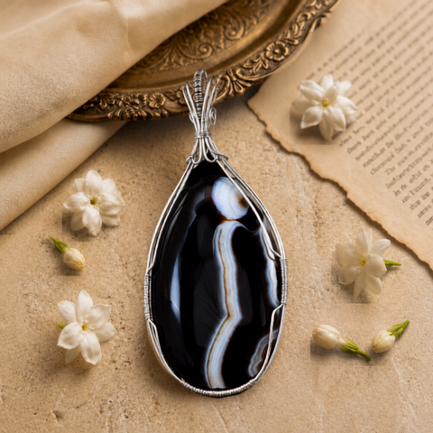Sterling Silver Twilight Black Banded Agate Pendant