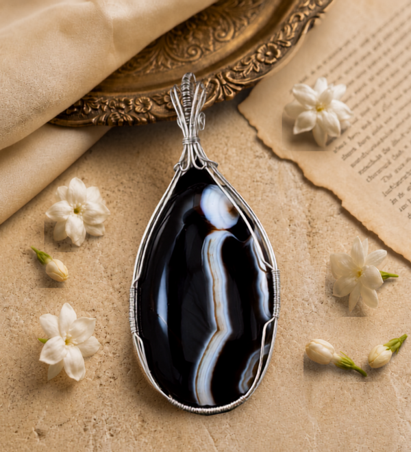Sterling Silver Twilight Black Banded Graphite Grace Stunning Handwork Pendant — Black Banded Agate